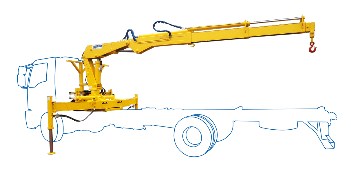 render do guindaste Rodomunk GRM 12.000 em caminhão (contorno azul), munck para 3,4 toneladas, com lança telescópica estendida e gancho vermelho na ponta; base instalada atrás da cabine e estabilizador lateral aparecendo apoiado no solo.