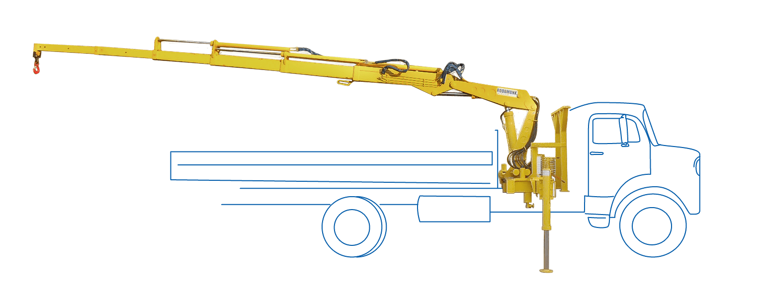 render do guindaste Rodomunk GRM 14.000, munck para 3,5 toneladas, montado em caminhão (contorno azul), com lança longa estendida e gancho na ponta; estabilizador lateral apoiado no chão e conjunto hidráulico visível na base atrás da cabine.