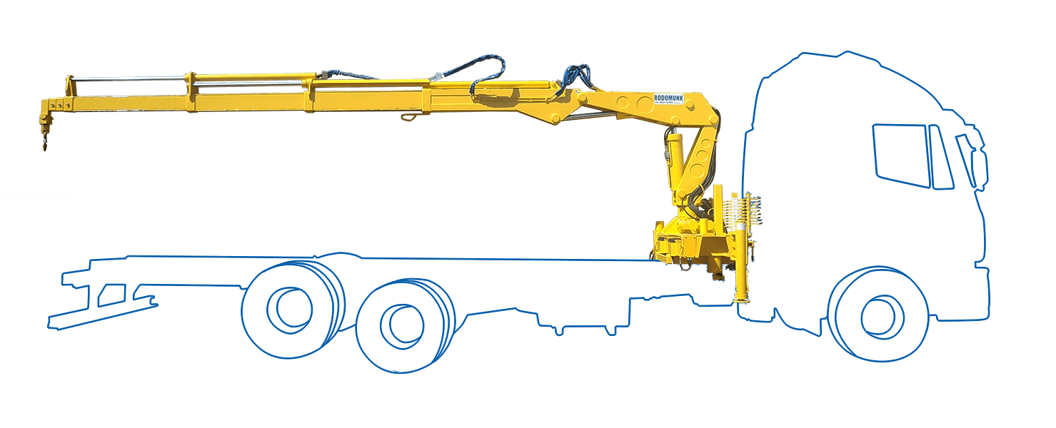 render do guindaste Rodomunk GRM 16.000, munck para 5 toneladas, montado em caminhão longo (contorno azul, múltiplos eixos), com lança telescópica estendida horizontalmente, gancho na ponta, e conjunto de base/central hidráulica visível próximo à cabine.