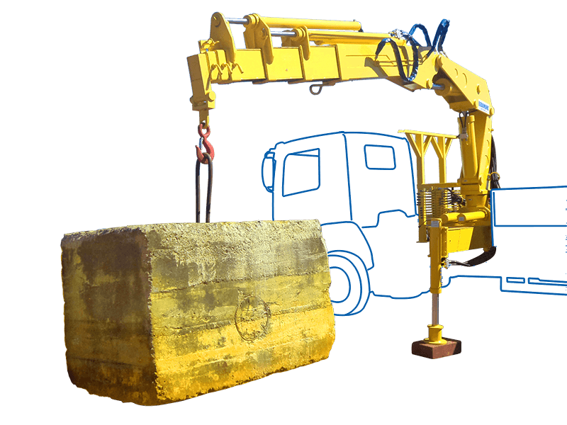ilustração do GRM 20.000 (amarelo) montado no caminhão (contorno azul), içando um grande bloco/artefato de concreto com cinta e gancho, destacando uso em movimentação de peças pesadas.