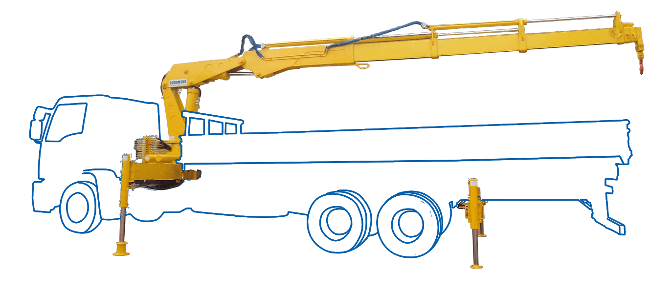 render do guindaste veicular Rodomunk GRM 25.000, munck para 6,2 toneladas, instalado em caminhão (contorno azul) com lança telescópica amarela estendida e gancho na ponta; aparecem dois estabilizadores apoiados no solo (frente e traseira), indicando configuração de trabalho em veículo de maior porte.