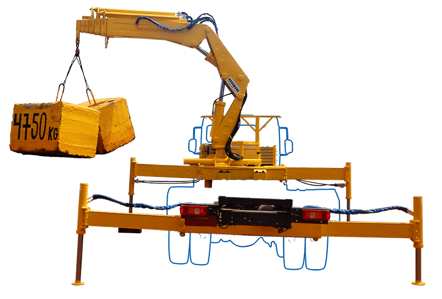 render frontal do guindaste Rodomunk GRM 30.000 em operação com estabilizadores abertos; a lança levanta um bloco/carga amarela suspensa por cintas, com marcação grande de “4750 kg”, exemplificando aplicação de içamento pesado.
