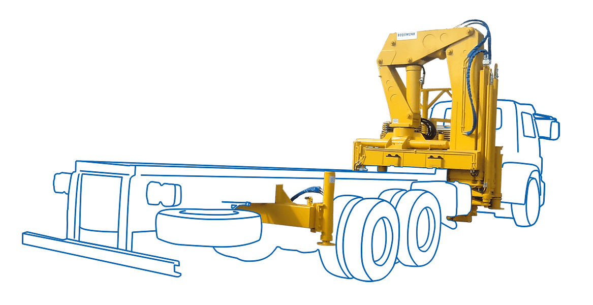 ilustração/render do guindaste Rodomunk GRM 35.000 montado no caminhão (contorno azul), com braço recolhido e base/estabilizadores representados para mostrar o conjunto completo no veículo.