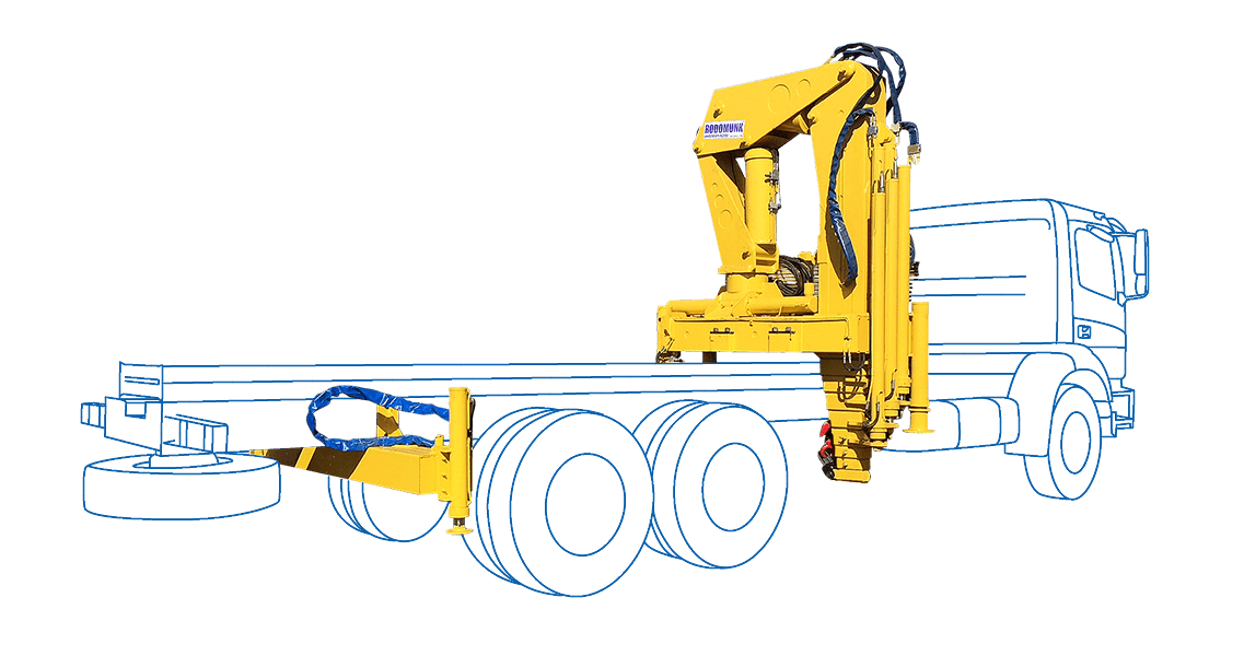 ilustração/render lateral do guindaste Rodomunk GRM 50.000. para até 12 toneladas, instalado no caminhão (contorno azul), com conjunto do guindaste recolhido atrás da cabine e estabilizador frontal destacado.