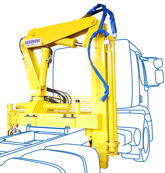 ilustração/render do guindaste veicular Rodomunk GRM 10.000 (amarelo) instalado atrás da cabine de um caminhão (contorno azul), com lança dobrada, mangueiras hidráulicas aparentes e coluna do guindaste apoiada na base de montagem.