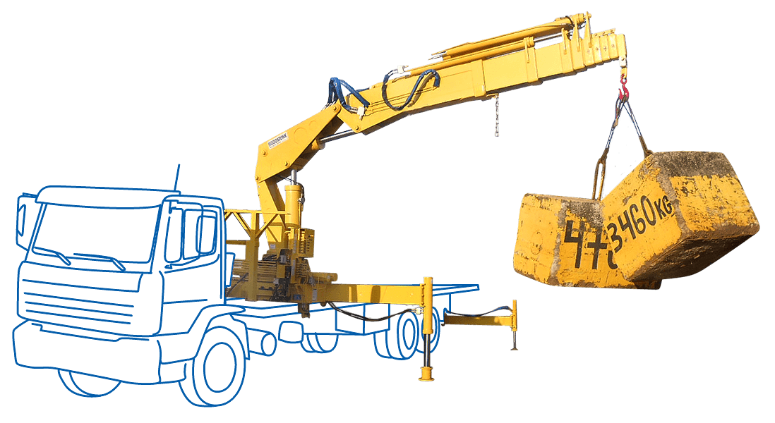 ilustração do Rodomunk GRM 40.000, munck para até 10 mil toneladas, com caminhão em traço azul e guindaste amarelo em posição de trabalho, com lança estendida e carga/bloco representando capacidade de elevação para grandes serviços.