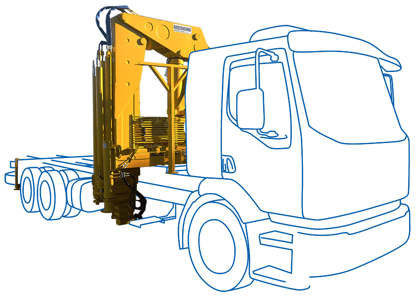 render/ilustração do guindaste Rodomunk GRM 45.000, munck para até 11,2 toneladas, em amarelo (coluna, braços e conjunto hidráulico) sobre fundo cinza, integrado a um desenho em linha azul de um caminhão, indicando como o equipamento fica instalado no chassi.