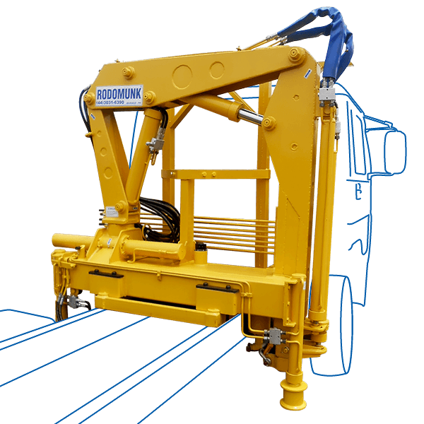 ilustração/render do guindaste veicular Rodomunk GRM 6.000 (amarelo), muck para 2 toneladas, montado na traseira do caminhão (contorno azul), com braço articulado recolhido, conjunto hidráulico exposto e pé/estabilização destacado na parte inferior.