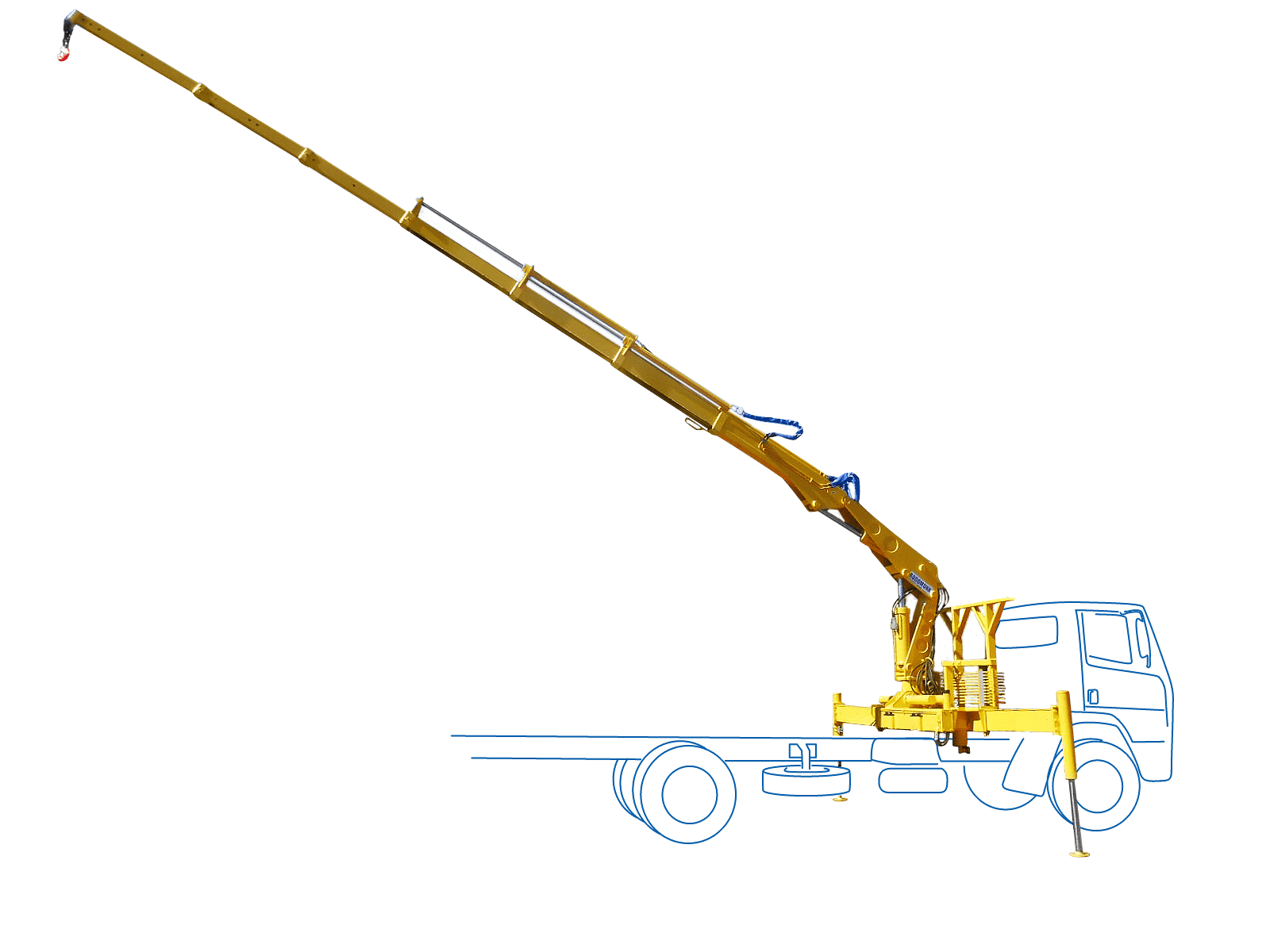 ilustração do guindaste veicular Rodomunk GRM 17500 montado em caminhão (contorno azul), com lança telescópica amarela estendida em grande ângulo e gancho na ponta, destacando o alcance vertical para içamento do munck.